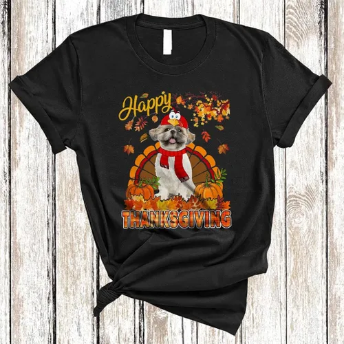 Vista 2 de Feliz Acción de Gracias lindo árbol de otoño naranja a cuadros pavo shih tzu amante de los perros camiseta unisex