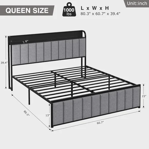 Vista 2 de VECELO Queen Bed Frame, Storage Upholstered Headboard with Charging Station, Platform Bedframe, Heavy Duty Metal Slats, No Box Spring Needed
