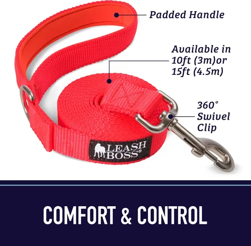 Vista 2 de Leash Boss Correa para perro de 10 pies con mango acolchado, correa larga para senderismo, campamento, explorar o caminar (10 pies, negro/rojo/gris)