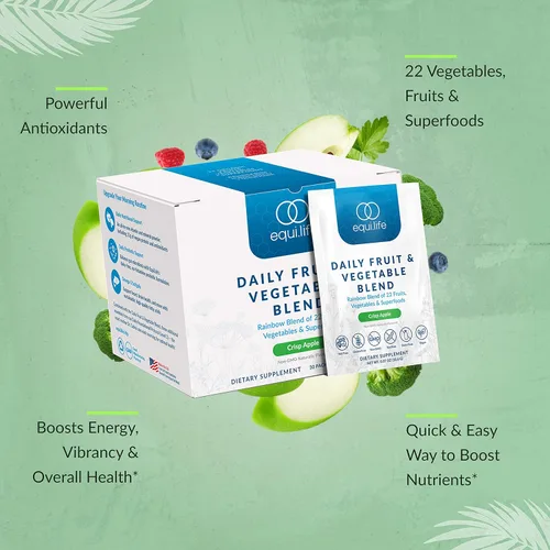 Vista 3 de Equilife Suplemento diario de frutas y verduras, 22 frutas, verduras y superalimentos para apoyar la energía y la salud general, fibra, sin azúcar