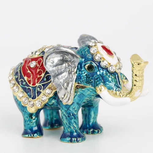 Vista 2 de Pequeña caja de baratija de elefante azul con bisagras Joyeros pintados a mano figura de elefante regalo