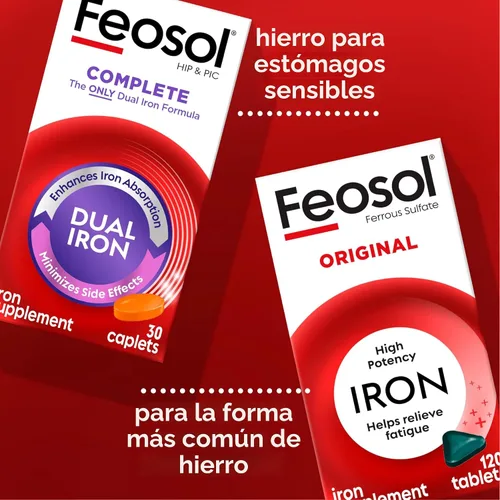 Vista 5 de Feosol Comprimidos Completos de Suplemento de Hierro, Hierro Bifera para Alta Absorción, Hemo y No Hemo de Doble Acción Minimiza los Efectos