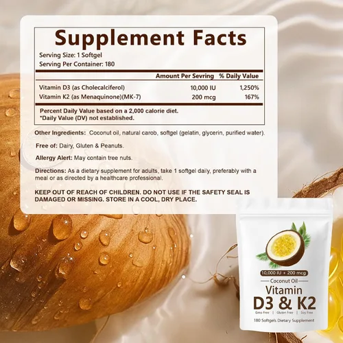 Vista 8 de Naturals D3 K2, Vitamina D3 10000 UI + K2 200 MCG, Vitamina D3 y K2 Cápsulas blandas de aceite de coco para hueso, salud inmunológica, aumenta