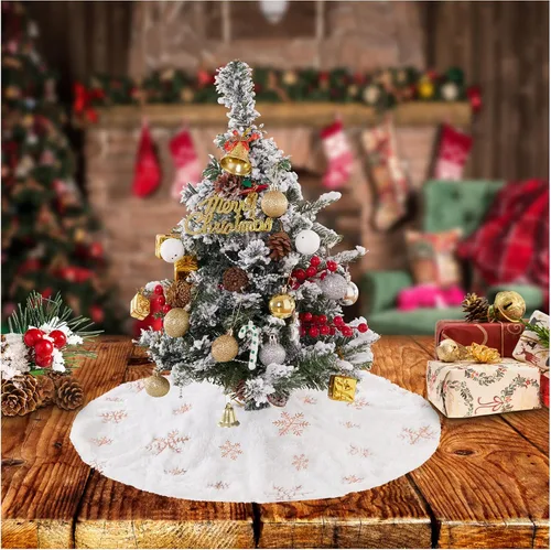 Vista 4 de Falda de árbol de copos de nieve de oro rosa de 24 pulgadas, faldas de árbol de piel sintética blanca, mini faldas de árbol de Navidad, tapete