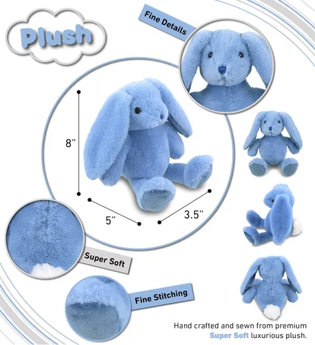 Vista 3 de DolliBu Peluche de conejo azul bebé, animal de peluche súper suave, adorable juguete realista de conejo para niños y niñas, bonito conejo de peluche