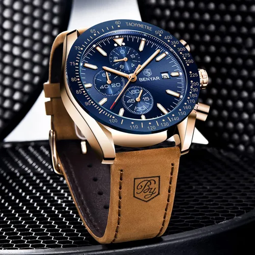 Vista 3 de BENYAR - Relojes de cuarzo para hombre cronógrafo de lujo impermeables a la moda de cuero marrón para hombre