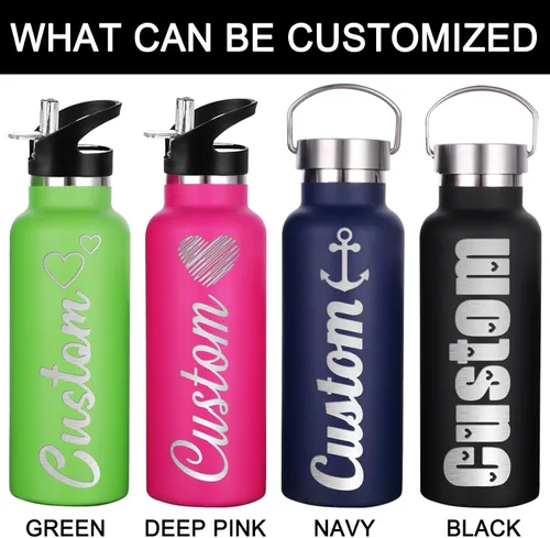 Vista 5 de Botellas de agua personalizadas de 12 onzas, botella de agua de acero inoxidable personalizada con tapa con pajilla, botellas de doble pared