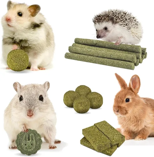 Vista 6 de ERKOON 75 juguetes masticables de conejo, 100% naturales Timothy heno galleta y palitos de golosinas, juguete masticable para dientes para conejo