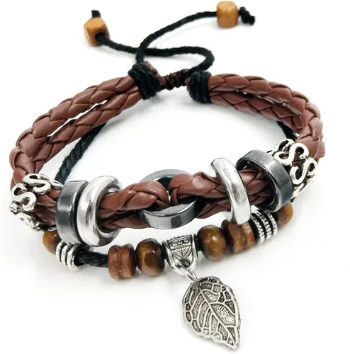 Vista 29 de Suyi brazalete ajustable con varias capas, de cuero tejido trenzado con cruz. Pulsera tipo esclava.