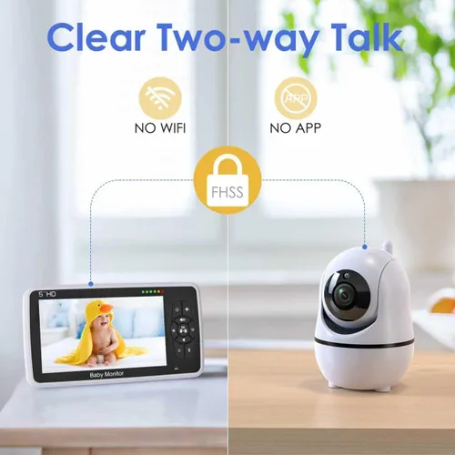 Vista 9 de Babystar Monitor de bebé con cámara y audio, resolución HD 720P, pantalla de 5 pulgadas, 4000 mAh hasta 22 horas de batería, zoom panorámico remoto
