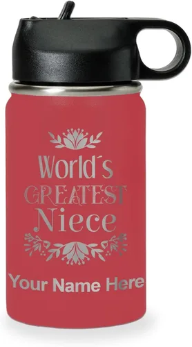 Vista 28 de LaserGram Botella de agua con tapa abatible de doble pared de 12 onzas con pajilla, sobrina más grande del mundo, grabado personalizado incluido