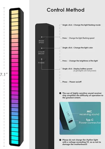 Vista 6 de Soulpunk Luz de control de sonido recargable RGB, luces de ritmo de música activadas por voz, luz ambiental, para automóvil, decoración de sala