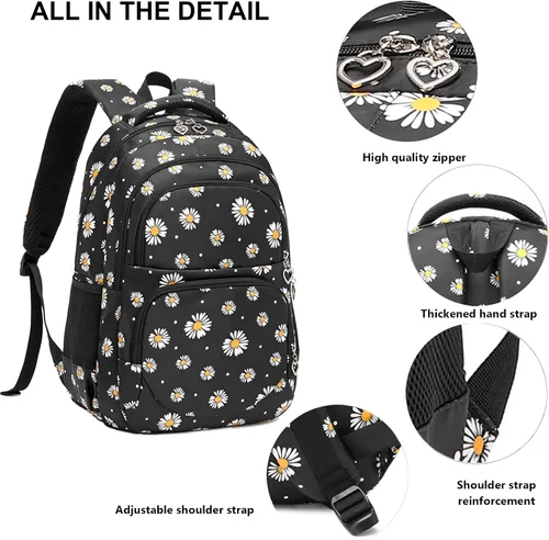 Vista 3 de goldwheat Mochilas impresas margaritas con paquete de almuerzo, estuche de lápices 3pcs, bolsa ligera resistente al agua para la escuela secundaria