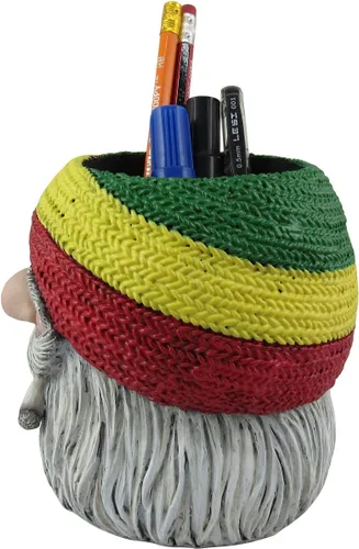 Vista 4 de World of Wonders Rasta - Soporte para bolígrafo de gnomo "Don't Bogart It", gnomo rastafari con soporte para lápices, organizador de escritorio