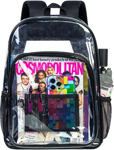 Vista 13 de AGSDON Mochila transparente, resistente bolsa transparente para libros, mochilas de PVC transparente para mujeres y hombres 17 negro transparente