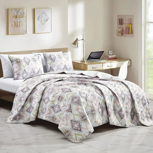 Vista 12 de ESCA Briseis - Juego de colcha reversible de 3 piezas, tamaño Queen, color blanco
