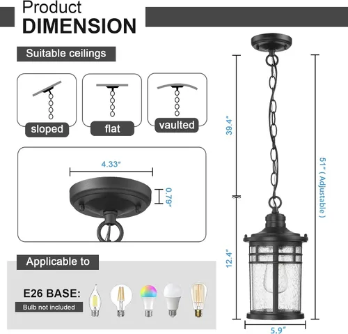 Vista 3 de Darkaway Luces Colgantes para Exteriores para Porche, Candelabro para Exteriores Luces Colgantes para Porche Montaje en Techo de Aluminio con Vidrio
