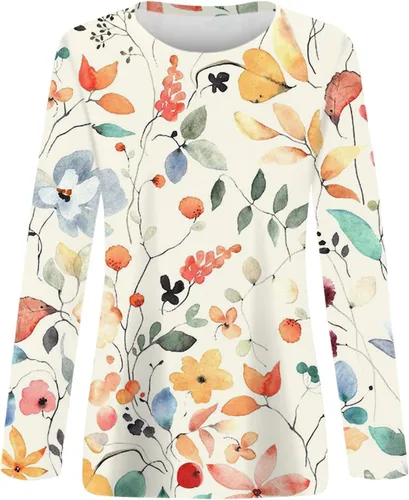 Vista 3 de LPIGOH Camisas de manga larga para mujer, camisetas de manga larga con cuello redondo, camisetas básicas, cómodas, estampadas, blusas
