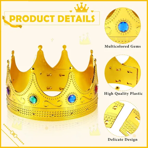 Vista 3 de Hanaive Coronas de rey para adultos y niños, corona dorada de plástico real con joyas para disfraz de princesa, reina, príncipe y fiesta de cosplay