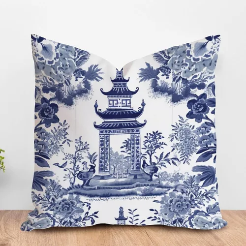 Vista 23 de ArogGeld Chinoiserie - Funda de cojín con diseño de pagoda asiática azul índigo, diseño cuadrado de flores y pagoda asiática, para oficina, silla