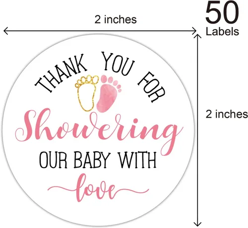 Vista 3 de Calcomanías rosadas para baby shower, gracias por duchar a nuestro bebé con amor, recuerdos de baby shower para niñas, 2 pulgadas, paquete de 50