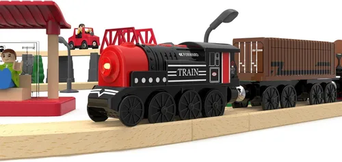 Vista 9 de Tren motorizado para pista de madera, juego de 3 piezas de tren de juguete para niños y niñas de 3, 4, 5+ años, tren con batería compatible
