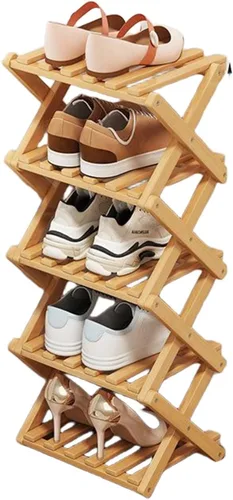 Vista 7 de YYW Zapatero de bambú para entrada, estantes de zapatos de pie libre, estante de armario, organizador vertical plegable de almacenamiento de zapatos