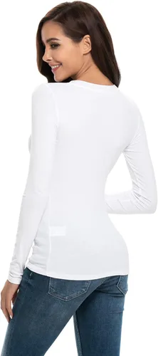 Vista 2 de Camiseta de manga larga para mujer, cuello redondo, rayón, ajustada, elástica, para mujer