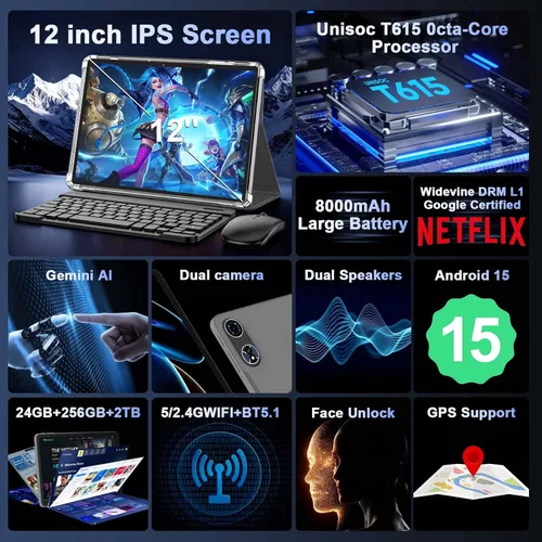 Vista 2 de Tablet 2025 de 12 pulgadas, tabletas Android 15 con teclado, 24GB+256GB+2TB Expand, pantalla 2K, Tablet PC con WiFi 5G, Octa-Core, 8000mAh, BT5.0