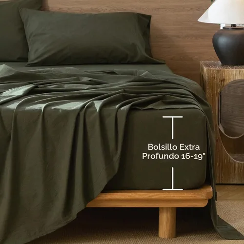 Vista 3 de MooMee Sábana bajera ajustable de solo 100% algodón lavado con textura parecida al lino, transpirable, duradera, suave, cómoda, bolsillo profundo