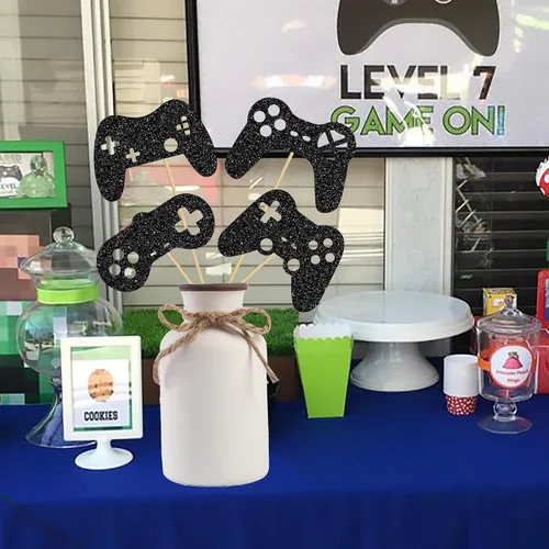 Vista 7 de Suministros para fiestas de videojuegos, centro de mesa, 14 unidades, decoración de mesa de fiesta negra con purpurina para juegos de niños