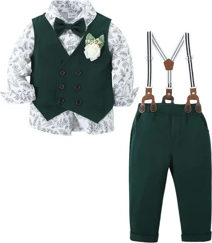 Vista 6 de YALLET Ropa de Traje para Bebé Niño Caballero Conjuntos de Boda, Camisa de Vestir Formal + Pajarita + Chaleco + Boutonniere + Pantalones con Tirantes