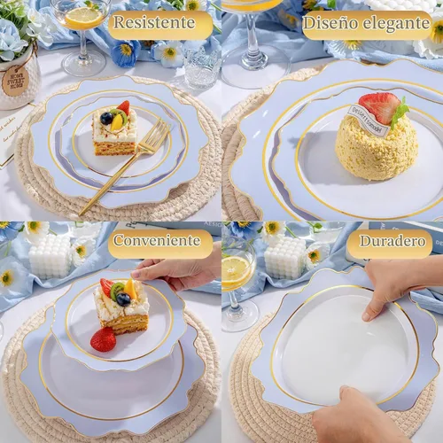 Vista 7 de WDF 100 piezas de platos de plástico azul - Platos desechables azul claro - Platos de plástico con borde festoneado resistente para Azul y dorado