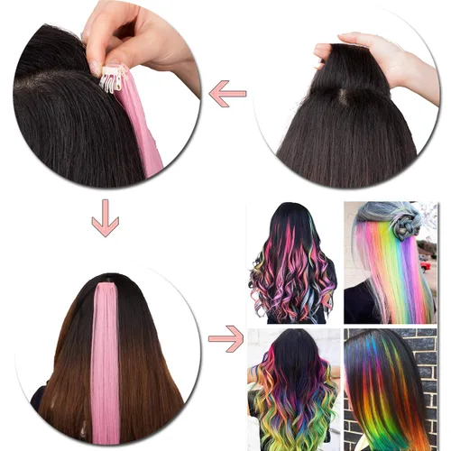 Vista 6 de Extensiones de cabello sintético con clip de 24 pulgadas, extensiones de cabello sintético lacio con reflejos arcoíris para mujeres y niñas, regalo