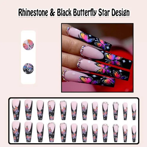 Vista 2 de Uñas postizas extralargas a presión con punta francesa de ataúd negro con diamantes de imitación, diseño de estrella de mariposa, cuadradas, mate