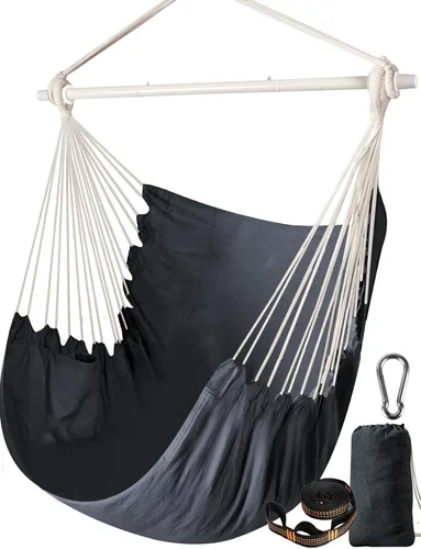 Vista 7 de Chihee - Hamaca con columpio de silla - Metal fuerte, plegable, portátil, máximo 500 libras, asiento cómodo, para patio y césped, mezcla de algodón