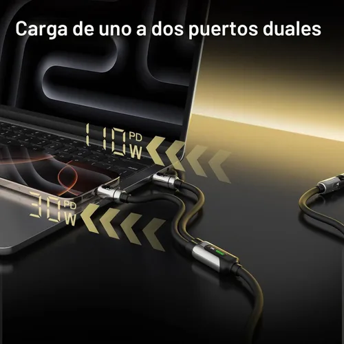 Vista 5 de MFish - Cable USB C a USB C 2 en 1, pantalla de potencia LED, 140 W máximo, 3.93 pies Fast Charging Cord, Dual USB-C Outputs, USB-C/USB-A Input, PD