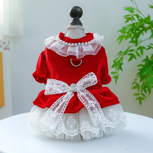 Vista 7 de Ropa para perros pequeños, vestidos de terciopelo para perro, lindo vestido de princesa con lazo, ropa para mascotas, trajes de verano de encaje