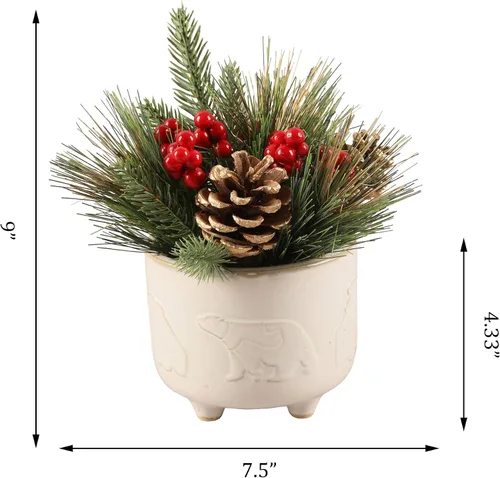 Vista 2 de Flora Bunda Arreglo de Navidad en maceta de cerámica con pies de 4.75 pulgadas, centro de mesa de decoración del hogar, marfil