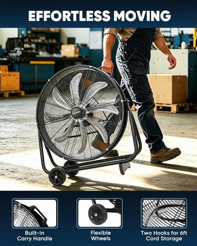 Vista 6 de KEN BROWN TurboSweep - Ventilador industrial de 24 pulgadas, ventilador de tambor de alta velocidad de 8 aspas, 9500 CFM, 3 velocidades resistentes