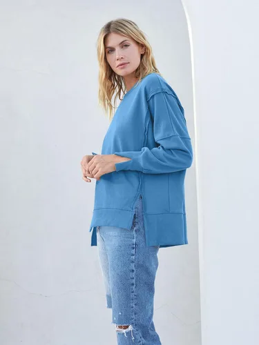 Vista 4 de MEROKEETY Sudadera holgada casual de manga larga tipo farol para mujer, cuello redondo, abertura lateral, 2023