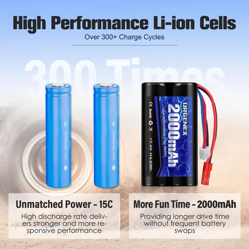 Vista 4 de Batería de iones de litio de 2000 mAh 7.4 V con enchufe JST 2S batería recargable RC con 1 a 2 cargador USB apto para helicóptero RC camión y barcos