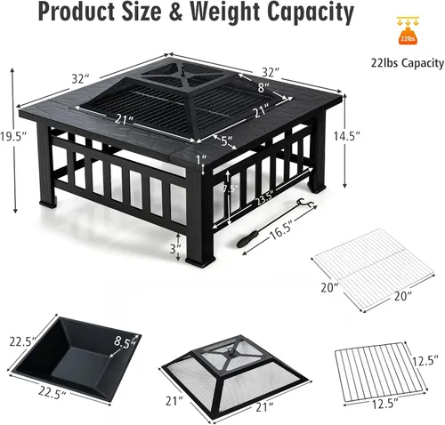 Vista 6 de Giantex Pozo de fuego para exteriores de 32 pulgadas, mesa cuadrada 3 en 1, fogata multifuncional para patio exterior, porche, jardín, estufa