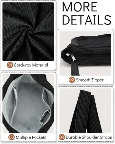 Vista 6 de Bolso de pana Iioscre para mujeres, bolsos hobo con cierre de cremallera, bolsos de hombro casuales de gran capacidad con bolsillos interiores