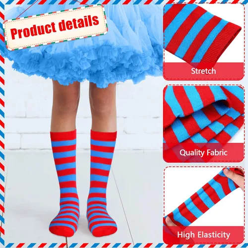 Vista 3 de Giegxin 6 pares de calcetines de Halloween a rayas coloridas para niños, calcetines de neón hasta la rodilla, calcetines de bastón de caramelo
