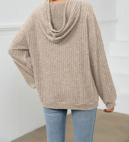 Vista 6 de ONDIAN Women Long Sleeve Strip Knitted Hoodie Top Casual Solid Pullover with Drawstring Hooded Striped Sweater Loose Fit