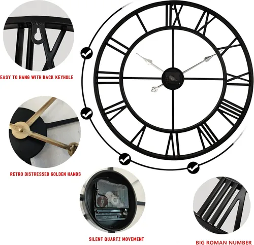 Vista 4 de Reloj de pared grande de metal de 24 pulgadas más grueso, reloj industrial decorativo para el hogar con números romanos grandes, reloj retro de gran