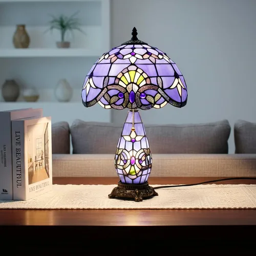 Vista 3 de Lámpara de Estilo Tiffany de Vidrio Manchado Azul Barroco de Mesa de 12X19 Pulgadas, Vaso Madre-Hija, Luz de Lectura para Escritorio, Decoración