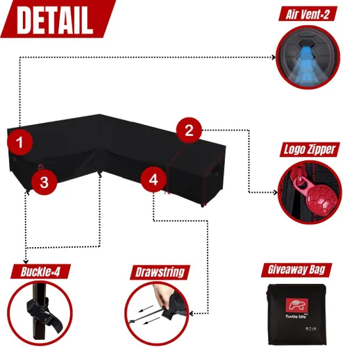 Vista 4 de Turtle Life Funda para sofá modular de patio, resistente a los rayos UV, resistente al agua, antidecoloración, en forma de L, color negro