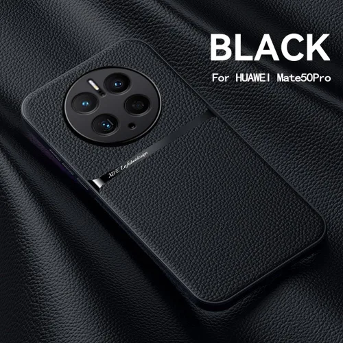 Vista 5 de Kepuch Funda compatible con Huawei Mate 50 Pro - Soporte magnético de grano de litchi Cubierta de placa de metal incorporada - Negro Negro